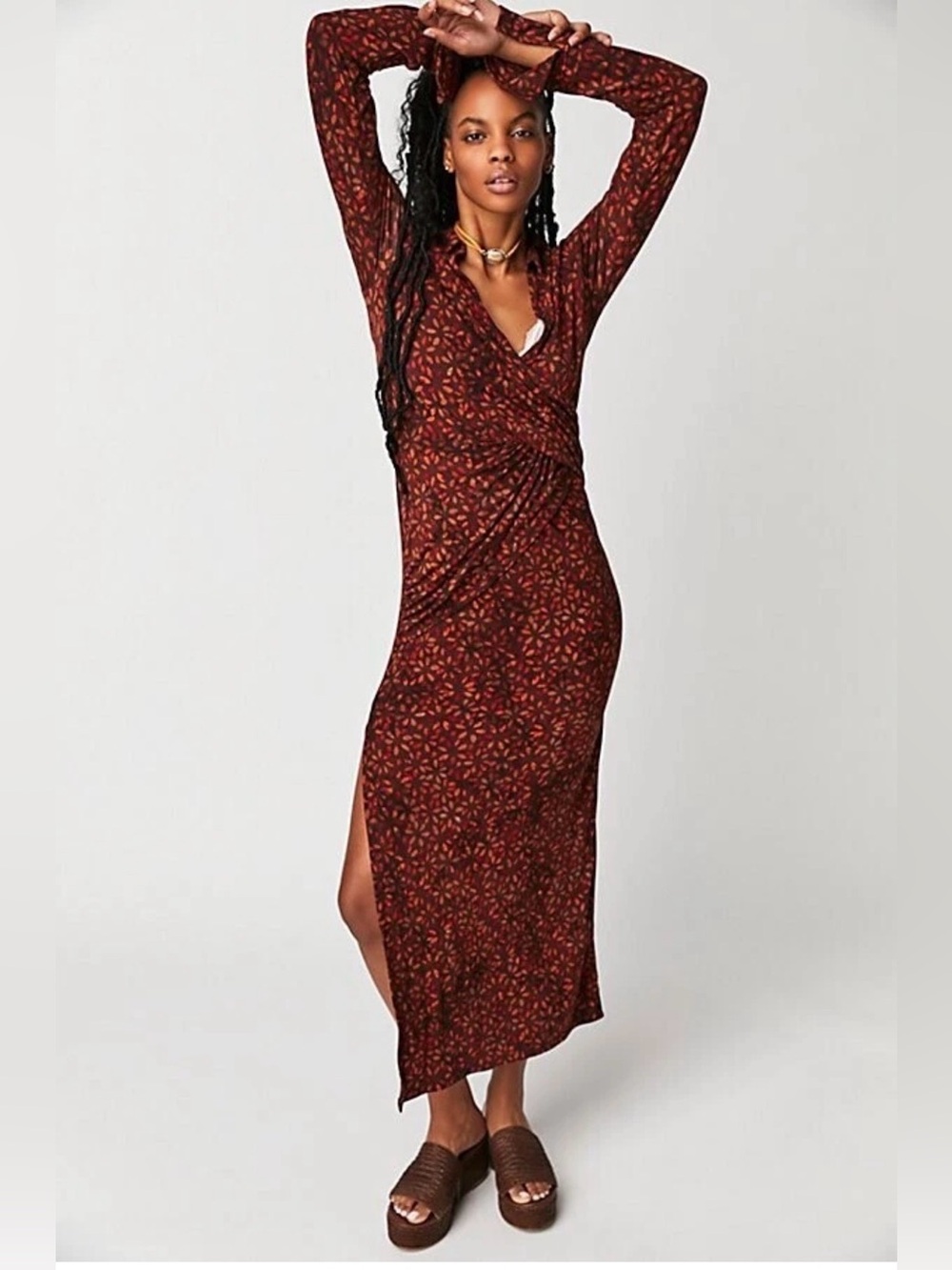 NWOT Free People Shayla Wrap Midi Dress Brown Fall Floral